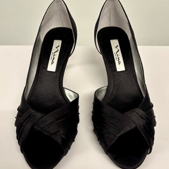 NIB elegant black satin open toe Nina heels womens size 8 - Picture 3 of 7